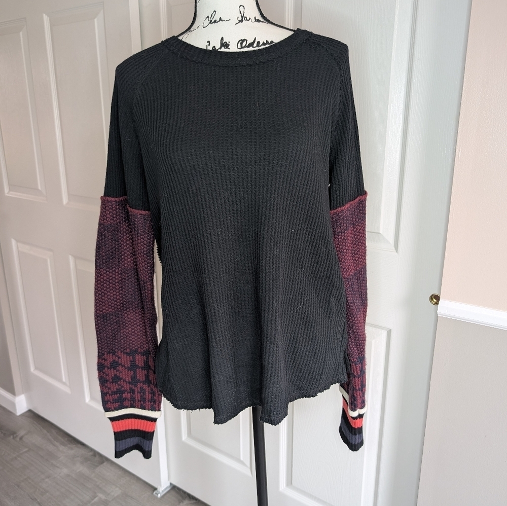 We The Free Black Waffle Knit Top with Burgundy Patterned Sleeves